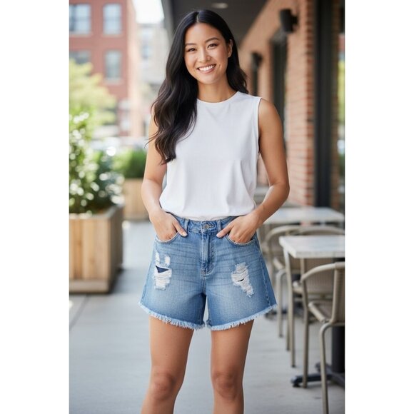 Krísy Bermuda Shorts Womens 36 Blue Distressed Denim High Rise Frayed Hem Resort - Picture 1 of 9